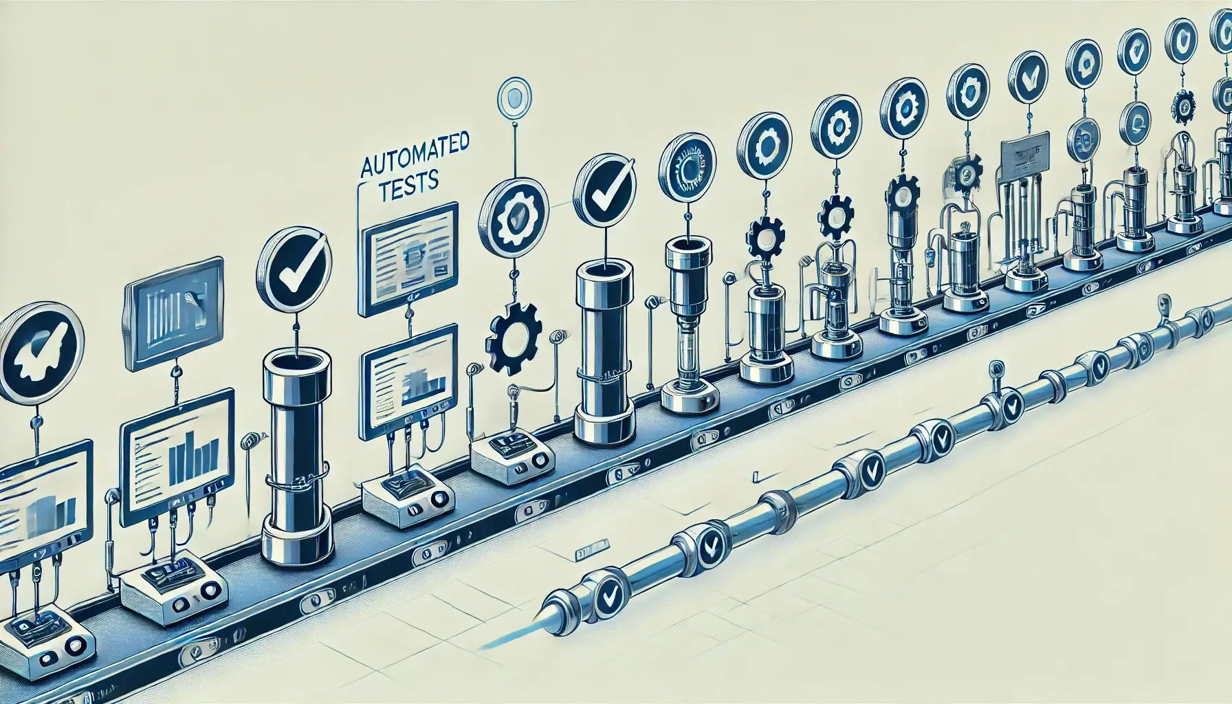 An illustration of a digital pipeline or assembly line showing various stages of a development process. Each stage features a clearly marked checkpoint